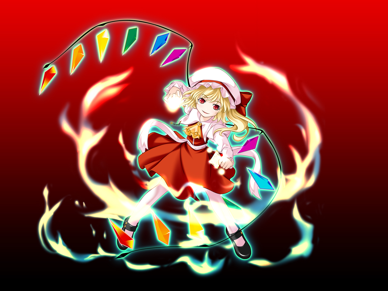 flandre scarlet, touhou, 1girl, black shoes, blonde hair, blouse, collared shirt, female focus, fire, full body, gradient background, hat, mob cap, red background, red eyes, shirt, shoes, short hair, solo, standing, white hat, white shirt, wings
