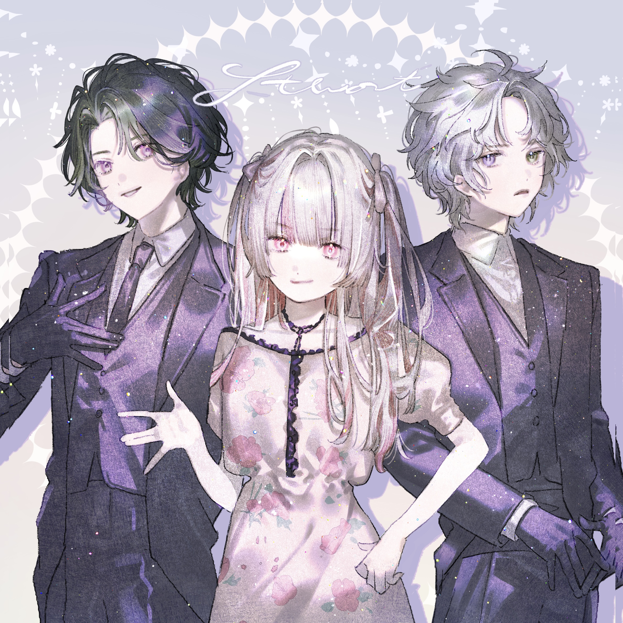 maruko inari, inami rai, makaino ririmu, murakumo kagetsu, nijisanji, highres, 1girl, 2boys, alternate costume, black gloves, black hair, black jacket, black necktie, black vest, brown hair, collared shirt, curtained hair, diamond (shape), dress, floral print, floral print dress, formal clothes, gloves, grey background, grey hair, jacket, jewelry, long hair, looking at viewer, multicolored hair, multiple boys, necklace, necktie, open clothes, open jacket, print dress, shirt, short hair, smile, suit, two-tone hair, vest, virtual youtuber