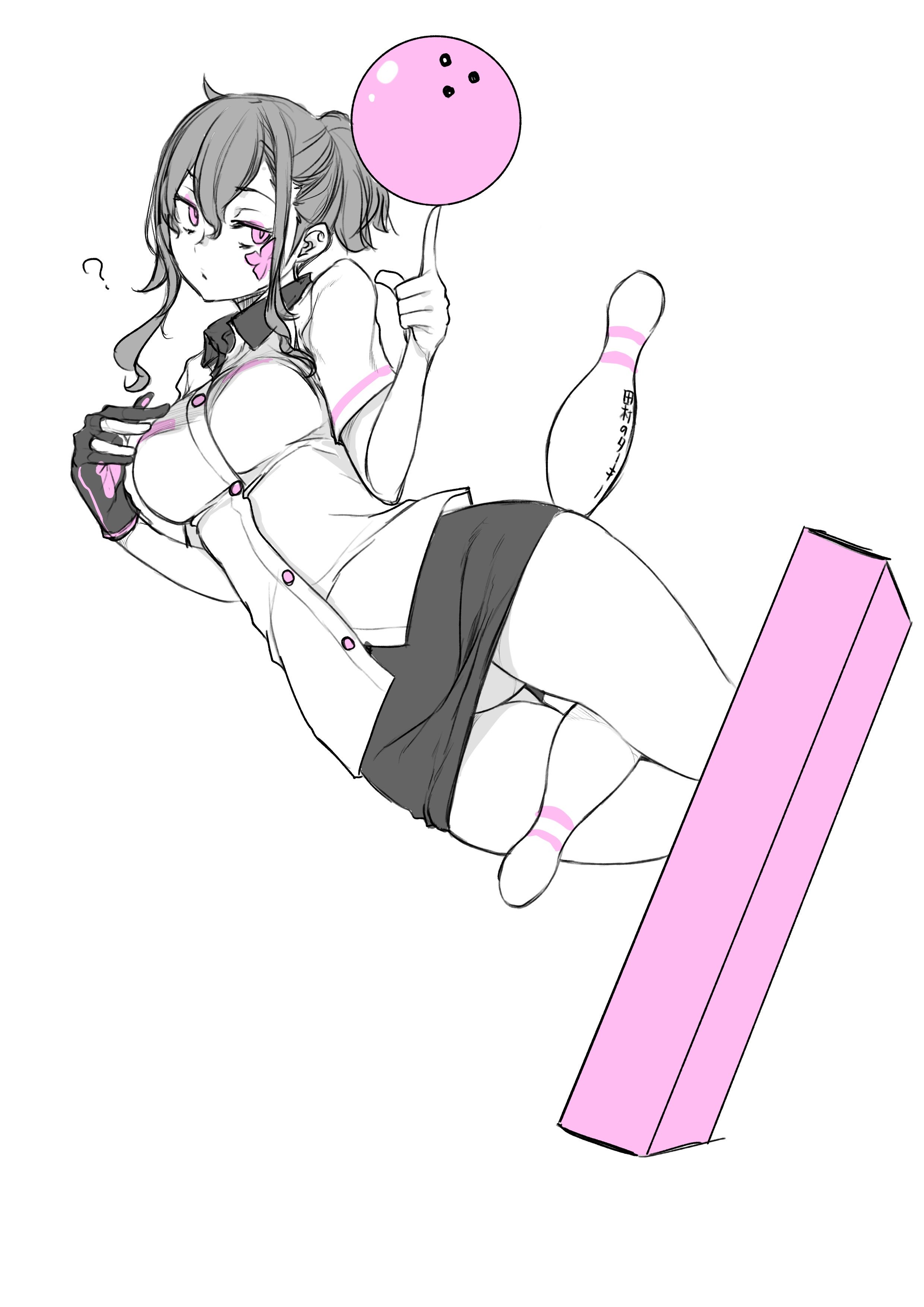 yasuda suzuhito, v lila f, yozakura quartet, absurdres, highres, 1girl, ball, bowling, bowling ball, bowling glove, bowling pin, breasts, cropped legs, facial tattoo, greyscale, holding, holding ball, holding bowling ball, monochrome, simple background, solo, spot color, tattoo, white background