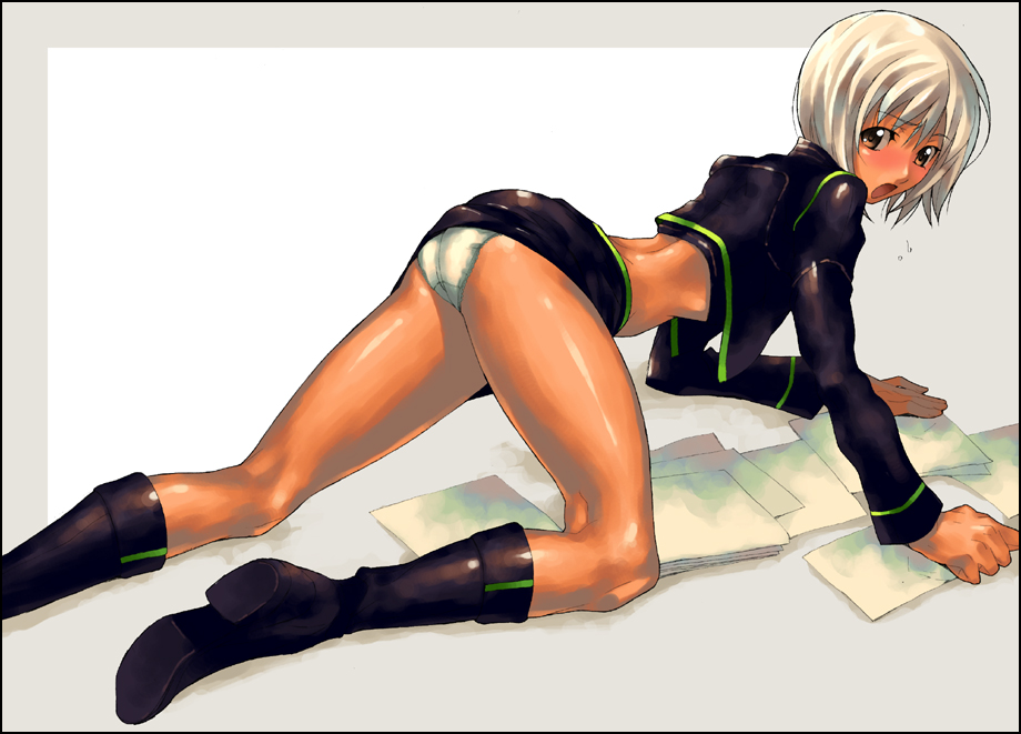 nakamura yukitoshi, all fours, ass, blush, boots, brown eyes, dark-skinned female, dark skin, papers, short hair, white hair