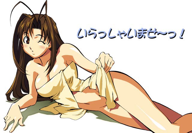 narusegawa naru, love hina, 1girl, antenna hair, brown eyes, brown hair, female focus, groin, naked towel, nude, one eye closed, open towel, solo, towel, wink