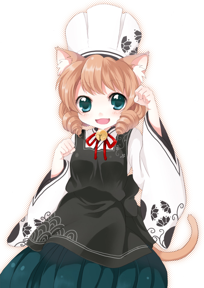 namori, original, 1girl, animal ears, bell, brown hair, cat ears, cat tail, chef hat, drill hair, female focus, green eyes, hat, jingle bell, paw pose, short hair, solo, tail, twin drills, twintails