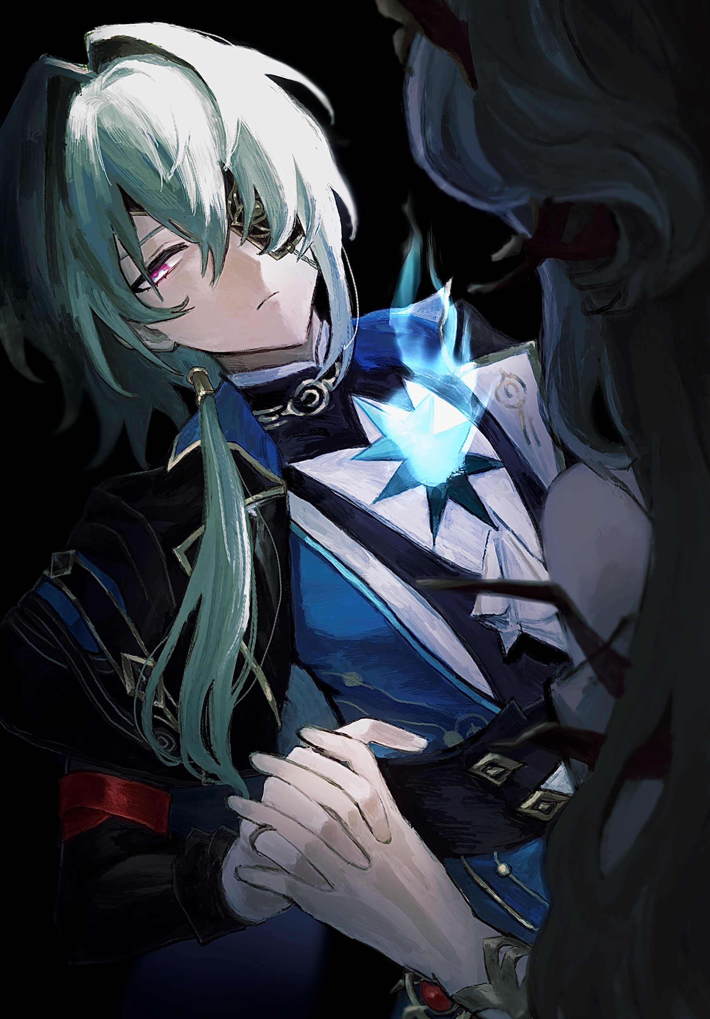 anaxa (honkai: star rail), calypso (honkai: star rail), honkai: star rail, honkai (series), absurdres, highres, 1boy, 1girl, aqua hair, black background, black jacket, blue fire, chain, closed mouth, duscr 6, eyepatch, fire, gem, hair between eyes, hair intakes, holding hands, jacket, lapels, mandarin collar, medium hair, notched lapels, one eye covered, pink eyes, shirt, side ponytail, upper body, white shirt