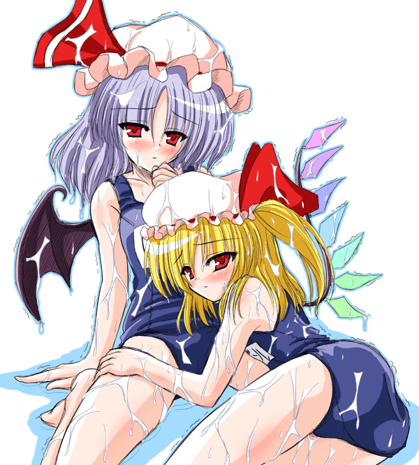 yamu (reverse noise), flandre scarlet, remilia scarlet, touhou, 2girls, bat wings, blonde hair, blue hair, blush, female focus, hat, mob cap, multiple girls, name tag, one-piece swimsuit, red eyes, ribbon, school swimsuit, siblings, side ponytail, sisters, swimsuit, trembling, wings