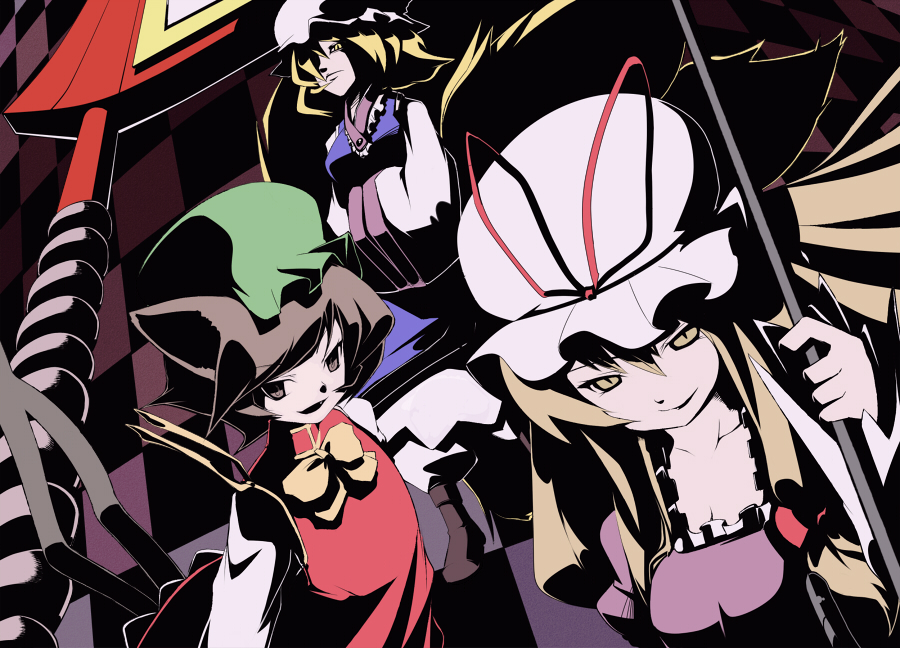 numako, chen, yakumo ran, yakumo yukari, tengen toppa gurren lagann, touhou, bad id, bad pixiv id, 3girls, animal ears, blonde hair, brown eyes, cat ears, cat tail, china dress, chinese clothes, crossover, dress, fox ears, fox tail, hair over one eye, hat, long hair, multiple girls, parody, ribbon, short hair, style parody, tail, umbrella, yellow eyes