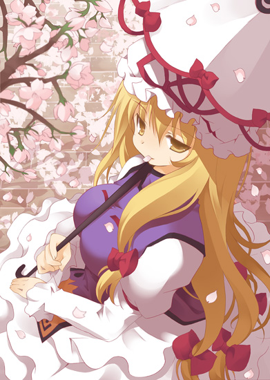 kiseki, mizuse kiseki, yakumo yukari, touhou, bad id, bad pixiv id, 1girl, blonde hair, cherry blossoms, female focus, flower, hair ribbon, hat, long hair, mouth hold, parasol, petals, ribbon, solo, umbrella, yellow eyes