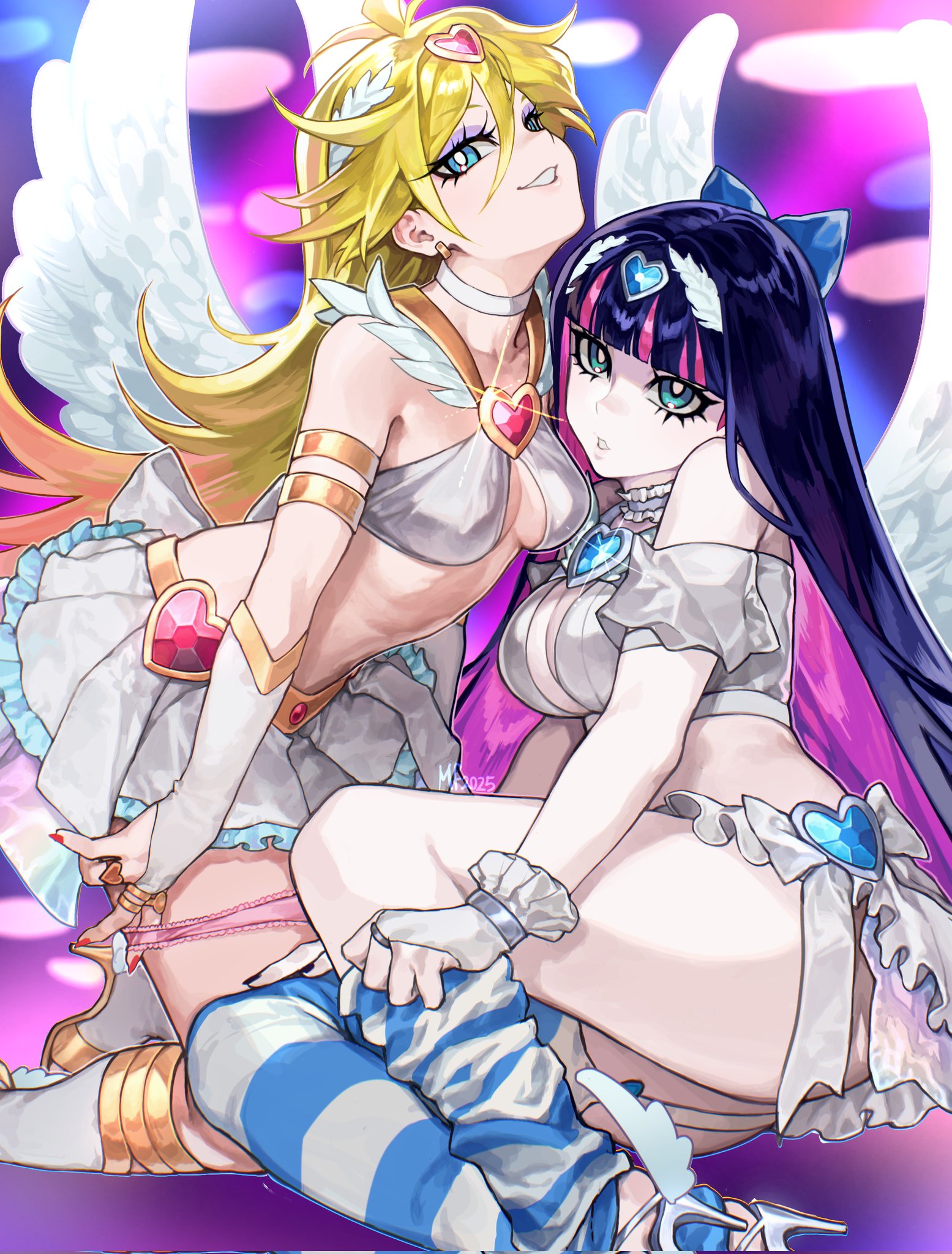 mary felizola, panty (psg), stocking (psg), panty & stocking with garterbelt, commentary, english commentary, highres, :o, angel wings, armband, bare shoulders, black nails, blonde hair, blue bow, blue eyes, blue gemstone, blue hair, blunt bangs, blurry, blurry background, bow, breasts, bright pupils, choker, cleavage, cleavage cutout, clothing cutout, crop top, detached sleeves, earrings, fingerless gloves, frilled choker, frilled skirt, frills, full body, gem, gloves, grey choker, hair between eyes, hair bow, hair ornament, heart, heart-shaped gem, high heels, jewelry, kneeling, large breasts, leaning forward, long eyelashes, long hair, looking at viewer, messy hair, multicolored hair, multiple girls, nail polish, navel, open mouth, pink streaks, pleated skirt, puffy short sleeves, puffy sleeves, pulling own clothes, red gemstone, red nails, ring, short sleeves, sitting, skirt, smile, stomach, streaked hair, striped clothes, striped thighhighs, teeth, thighhighs, thighs, two-tone hair, very long hair, white bow, white choker, white gloves, white pupils, white skirt, white sleeves, white wings, wings, yellow armband