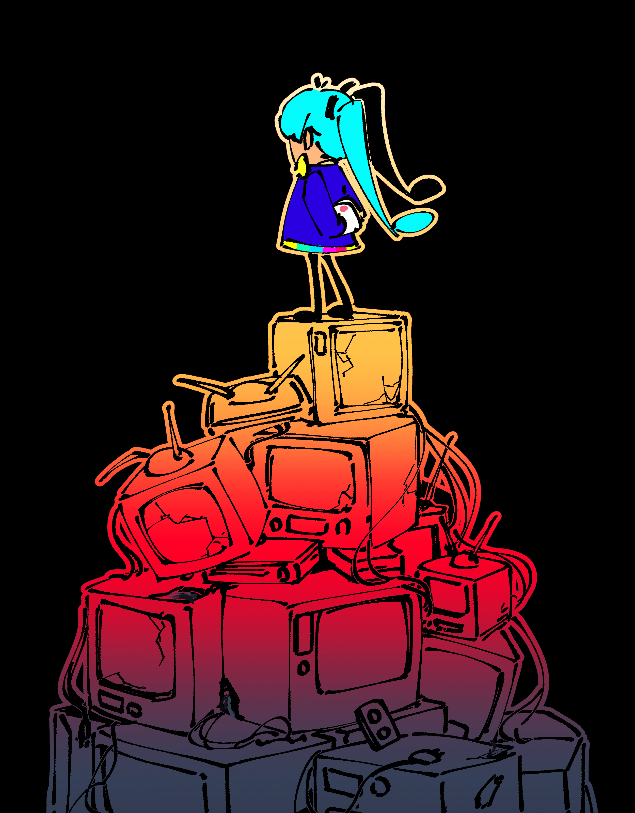 jiu (jiu076), hatsune miku, vocaloid, absurdres, highres, 1girl, aqua hair, arms behind back, black background, blue dress, broken, chibi, crt, dress, long hair, outline, rabbit ears antenna, solo, standing, static (vocaloid), television, twintails