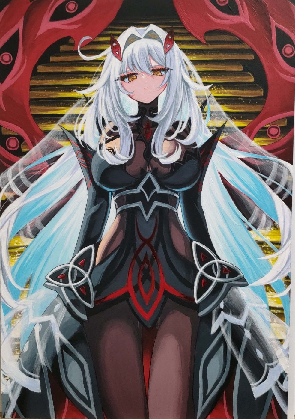 soune1000, ronova (genshin impact), genshin impact, highres, 1girl, black dress, black leotard, breasts, dress, expressionless, large breasts, leotard, long hair, looking at viewer, pantyhose, solo, stairs, symbol-shaped pupils, very long hair, white hair, yellow eyes
