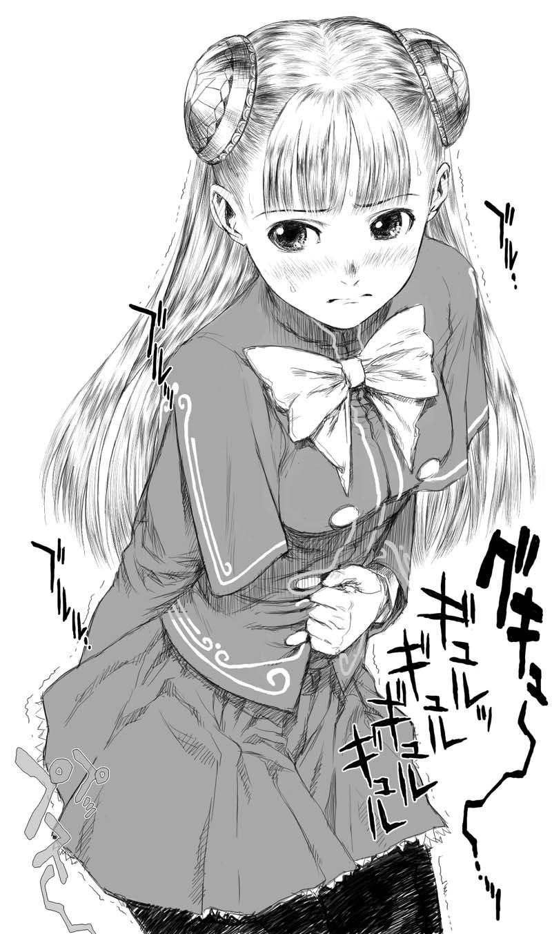 7 (marunana), ingrid (capcom), capcom, capcom fighting jam, highres, 1girl, blush, bun cover, double bun, female focus, greyscale, hair bun, hairpods, have to pee, long hair, monochrome, pantyhose, red eyes, solo, trembling, white hair