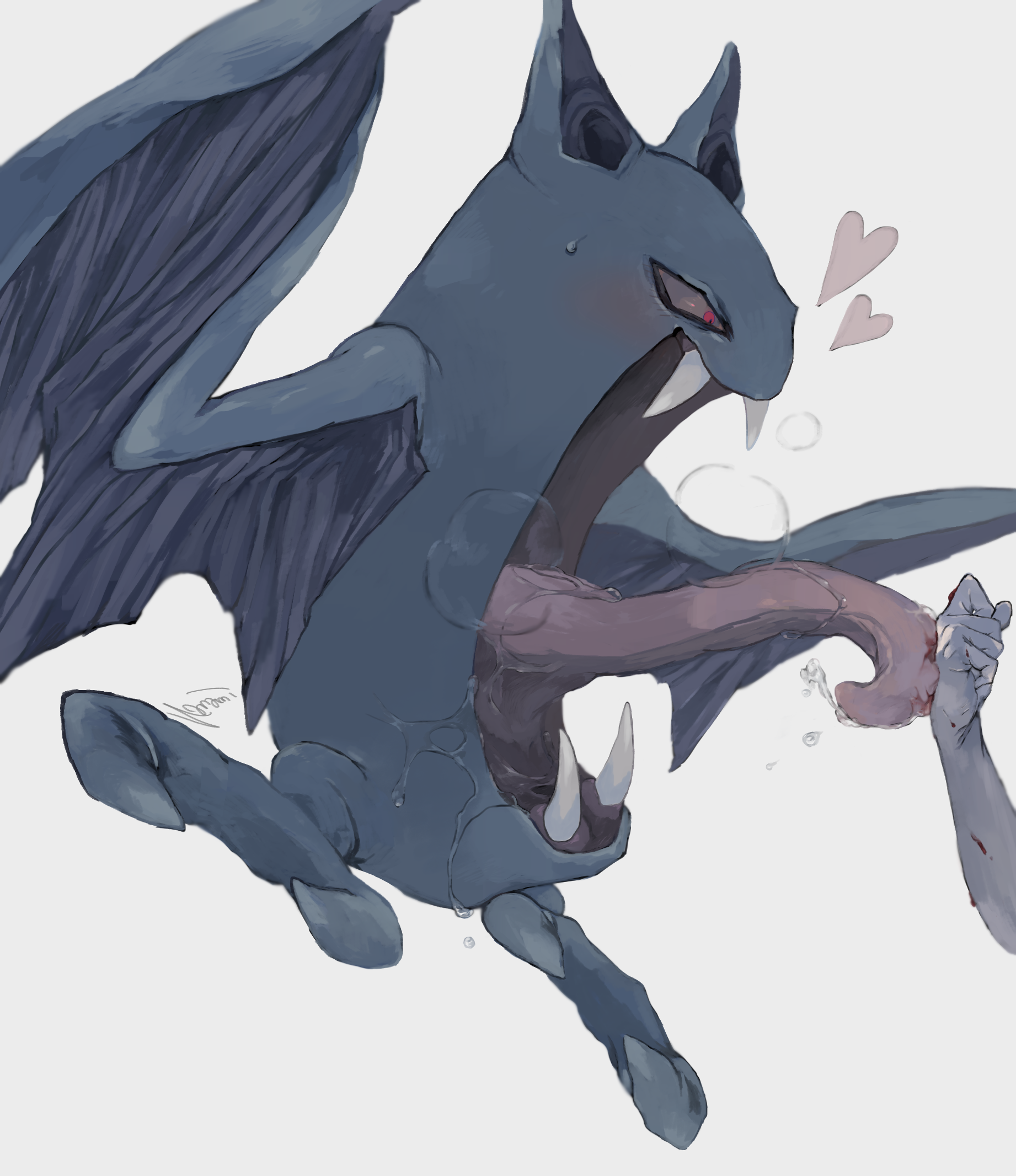kanami (bprod), golbat, nintendo, pokemon, highres, 1other, arm out of frame, bat (animal), bat wings, blood, blood drip, blood in mouth, blood on hands, blush, clenched hand, drooling, facing another, flying, gen 1 pokemon, heart, heavy breathing, injury, licking another's hand, licking blood, looking at another, open mouth, outstretched arm, pokemon (creature), red eyes, saliva, saliva trail, sharp teeth, teeth, tongue, tongue out, white background, wings