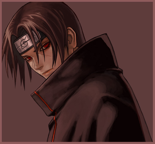 sandfreak, uchiha itachi, naruto (classic), naruto (series), 1boy, akatsuki (naruto), border, brown hair, closed mouth, coat, collar, expressionless, from side, headband, lips, logo, long sleeves, looking to the side, male focus, red eyes, sharingan, solo, upper body