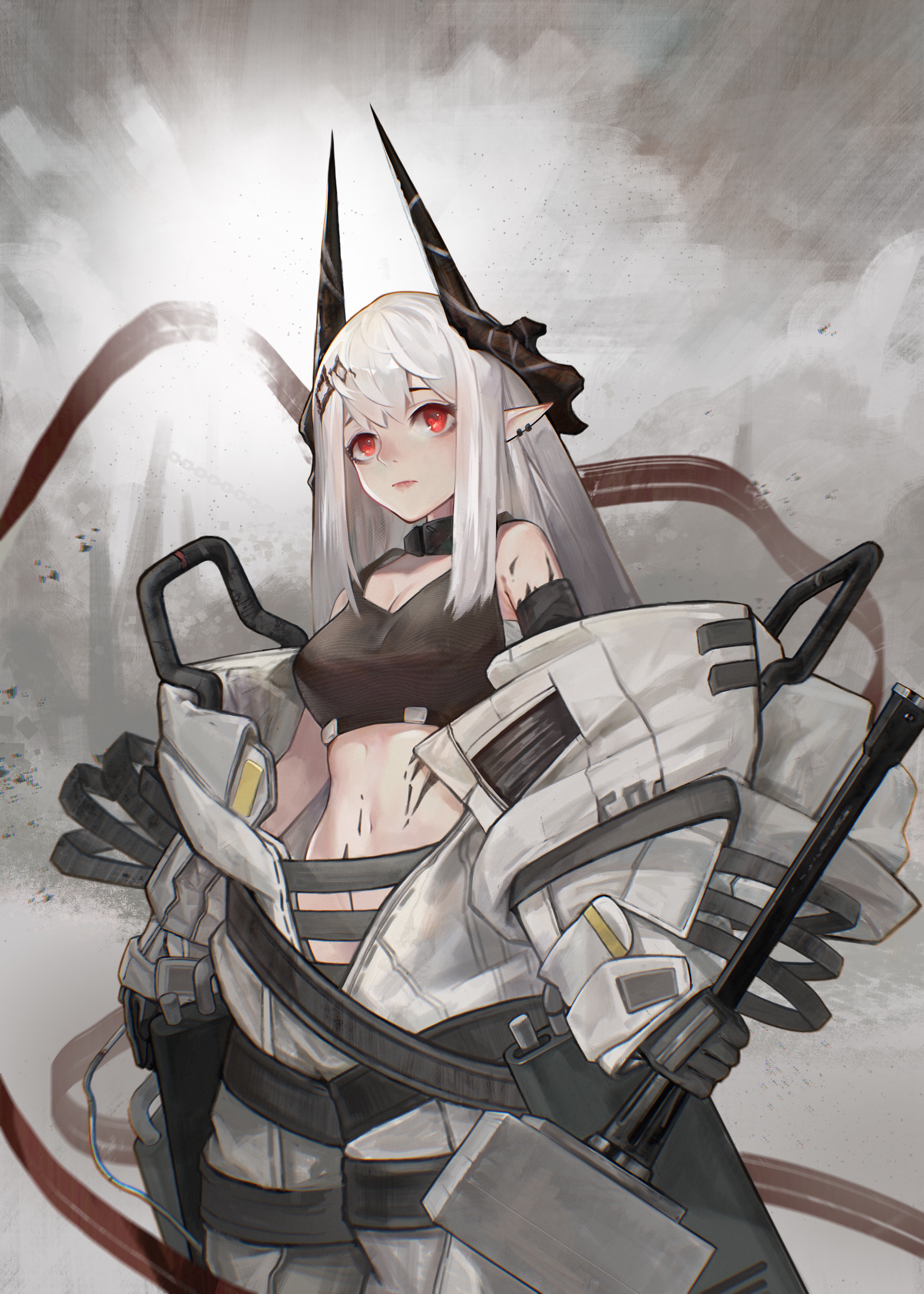 eriri2000420, mudrock (arknights), arknights, absurdres, commentary, highres, 1girl, breasts, cleavage, ear piercing, gloves, grey hair, hammer, holding, holding hammer, horns, long hair, piercing, pointy ears, red eyes, solo