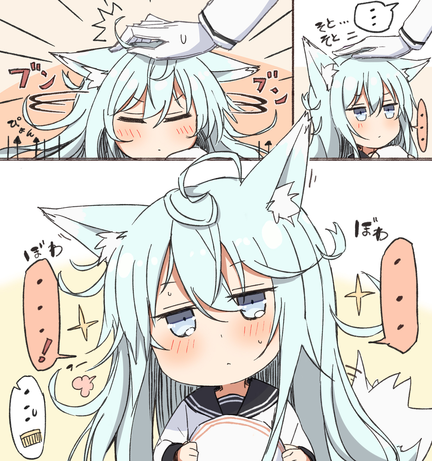 nonono mino, admiral (kancolle), hibiki (kancolle), verniy (kancolle), kantai collection, highres, translation request, …, …!, 1girl, 1other, ^^^, animal ear fluff, animal ears, blue eyes, blue hair, blush, closed eyes, closed mouth, emphasis lines, gloves, hair between eyes, headpat, kemonomimi mode, long sleeves, spoken ellipsis, tail, v-shaped eyebrows, white gloves