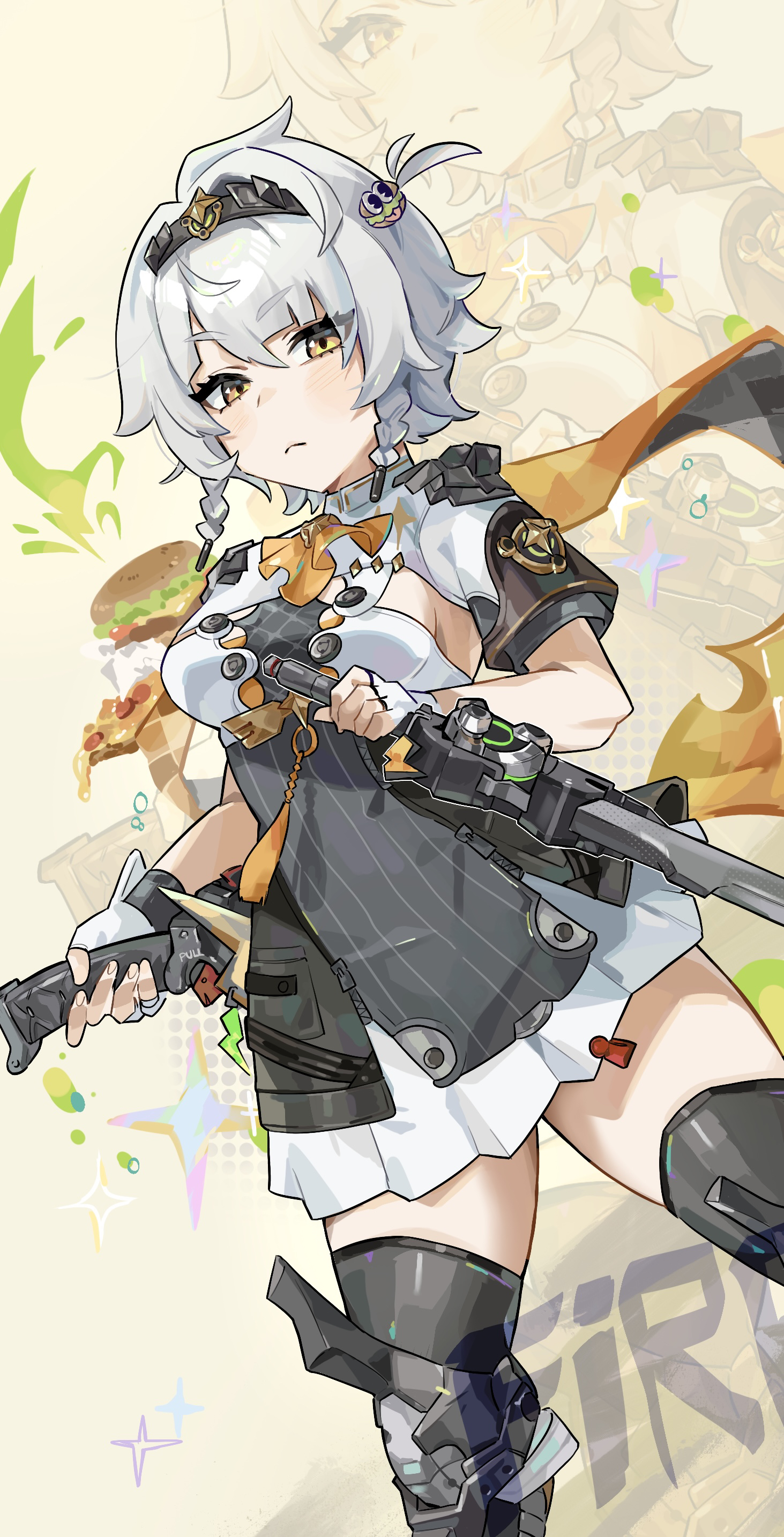 umiinu (umi inu11), anby demara, anby demara (silver soldier), zenless zone zero, absurdres, commentary request, highres, 1girl, armored boots, ascot, black hairband, blush, boots, braided sidelocks, burger, burger hair ornament, closed mouth, dual wielding, fingerless gloves, food, food-themed hair ornament, gloves, grey hair, hair ornament, hairband, holding, holding weapon, looking at viewer, medal, orange ascot, orange eyes, pizza, shrug (clothing), sideboob cutout, skirt under dress, solo, sparkle, weapon, white gloves, white shrug, zipper