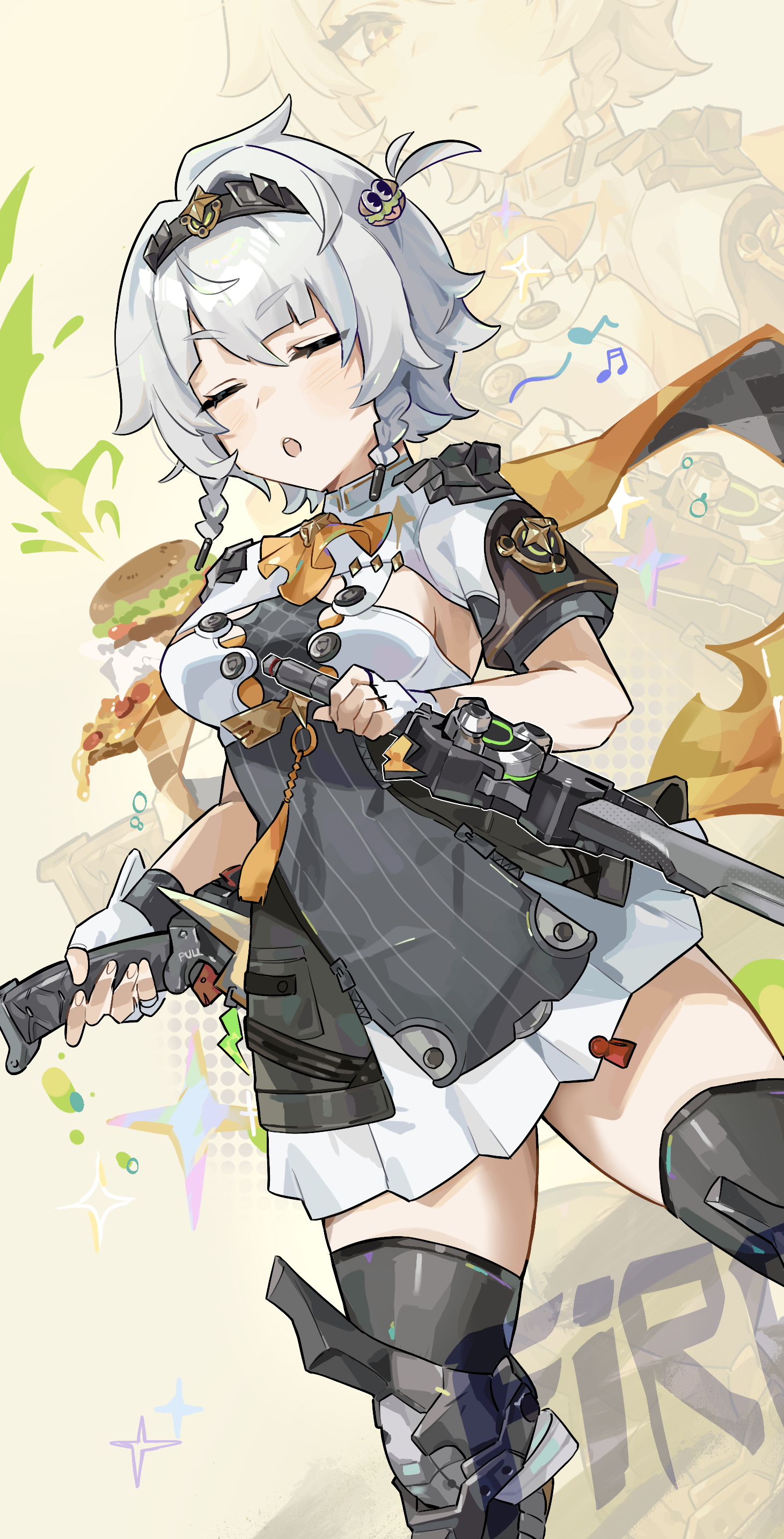 umiinu (umi inu11), anby demara, anby demara (silver soldier), zenless zone zero, absurdres, commentary request, highres, 1girl, armored boots, ascot, black hairband, blush, boots, braided sidelocks, burger, burger hair ornament, closed eyes, dual wielding, fingerless gloves, food, food-themed hair ornament, gloves, grey hair, hair ornament, hairband, holding, holding weapon, medal, musical note, open mouth, orange ascot, pizza, shrug (clothing), sideboob cutout, skirt under dress, solo, sparkle, weapon, white gloves, white shrug, zipper