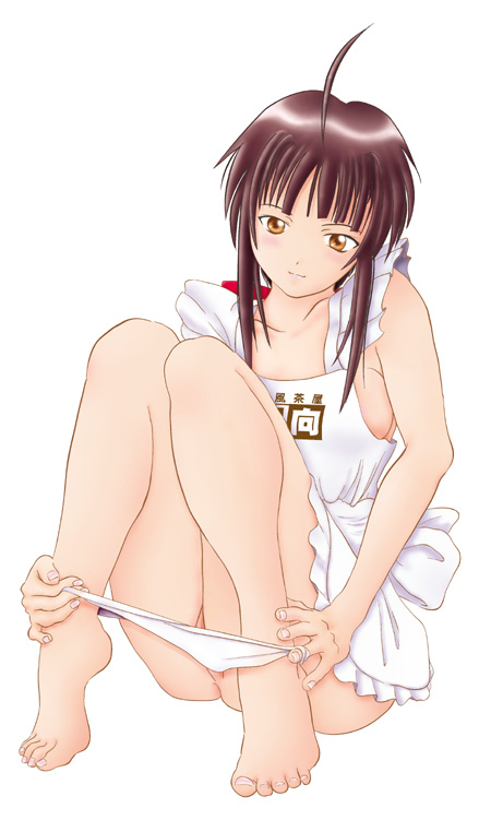 urashima kanako, love hina, ahoge, apron, barefoot, black hair, blush, brown eyes, feet, naked apron, panties, panty pull, solo, toes, underwear, undressing
