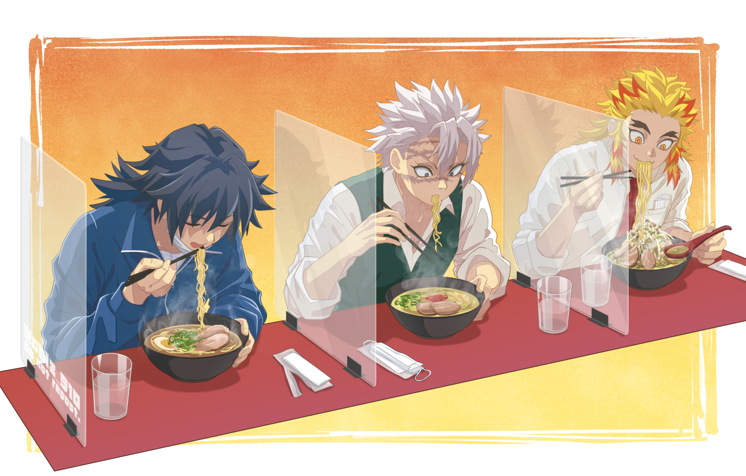 camembert chizuko, rengoku kyoujurou, shinazugawa sanemi, tomioka giyuu, kimetsu no yaiba, 3boys, black hair, blonde hair, blue jacket, chopsticks, closed eyes, eating, food, green vest, holding, holding chopsticks, jacket, long hair, low ponytail, male focus, multicolored hair, multiple boys, open mouth, ponytail, purple eyes, red hair, scar, scar on face, shirt, short hair, sitting, soup, spiked hair, two-tone hair, upper body, vest, white shirt