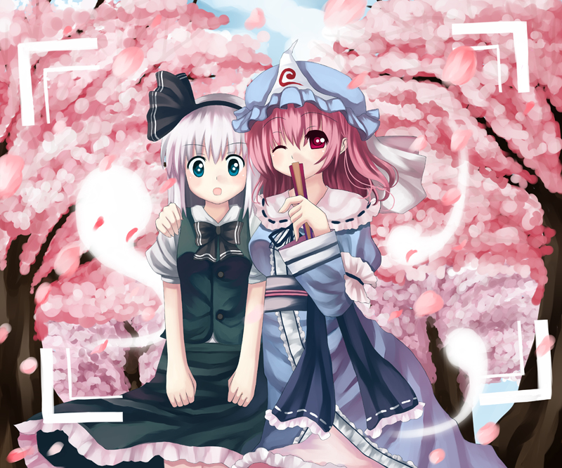 planet time, yumoto (planet), konpaku youmu, konpaku youmu (ghost), saigyouji yuyuko, touhou, bad id, bad pixiv id, 2girls, aqua eyes, arm around neck, arm on another's shoulder, cherry blossoms, covering face, covering own mouth, covering privates, female focus, folded fan, folding fan, ghost, hairband, hand fan, hat, japanese clothes, kimono, multiple girls, one eye closed, photo (object), pink hair, red eyes, ribbon, short hair, viewfinder, white hair, wink