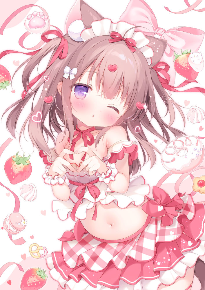 piyodera mucha, original, 1girl, ;o, animal ear fluff, animal ears, bare shoulders, blush, breasts, brown hair, donut, food, fruit, hair ribbon, hands up, head tilt, heart, heart hands, long hair, looking at viewer, macaron, maid, navel, one eye closed, parted lips, pleated skirt, pretzel, purple eyes, red ribbon, red skirt, ribbon, skirt, small breasts, solo, strawberry, two side up, white background, wrist cuffs