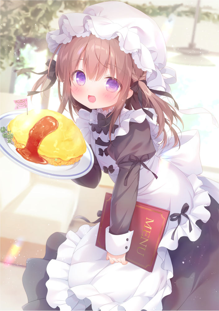 piyodera mucha, original, 1girl, :d, apron, black bow, black dress, blurry, blurry background, blush, bow, brown hair, depth of field, dress, food, frilled apron, frills, hair between eyes, hair bow, hat, holding, holding plate, juliet sleeves, long hair, long sleeves, looking at viewer, menu, mob cap, omelet, omurice, open mouth, plate, puffy sleeves, smile, solo, two side up, white apron, white hat
