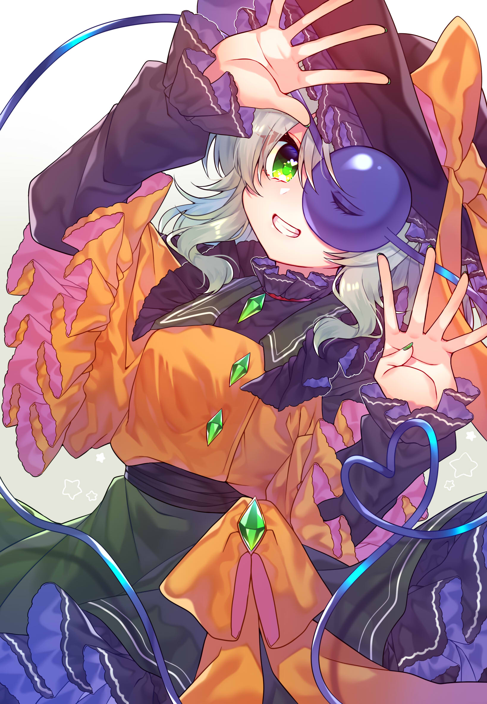renka (sutegoma25), komeiji koishi, touhou, commentary request, highres, 1girl, black hat, black sleeves, bow, buttons, collar, cowboy shot, dated commentary, diamond button, frilled collar, frilled skirt, frills, green eyes, green nails, green skirt, grey background, grey hair, grin, hands up, hat, hat bow, heart, heart in eye, koishi day, long sleeves, looking at viewer, open mouth, orange bow, orange shirt, outstretched hand, palms, shirt, skirt, smile, solo, star (symbol), symbol in eye, third eye