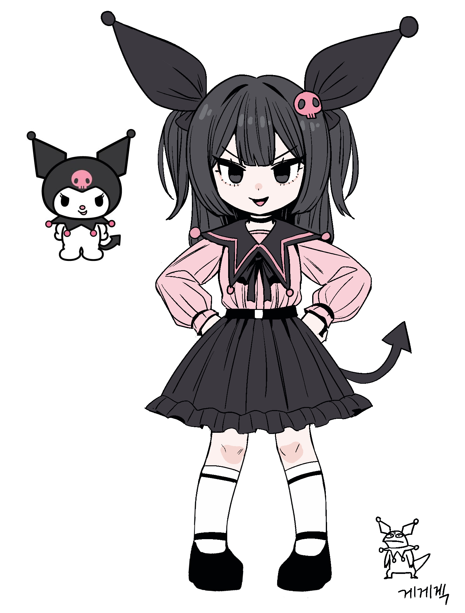 gegegekman, kuromi, sanrio, highres, 1girl, black eyes, black hair, demon tail, hair ornament, hands on own hips, humanization, long hair, long sleeves, looking at viewer, open mouth, reference inset, shirt, skirt, skull hair ornament, smile, tail, twintails, white background