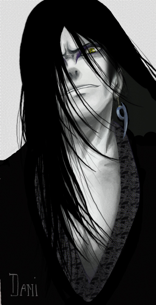 danny-boy, orochimaru (naruto), naruto (classic), naruto (series), 1boy, earrings, eyeshadow, hair over one eye, jewelry, magatama, magatama earrings, makeup, male focus, monochrome, solo, spot color, yellow eyes