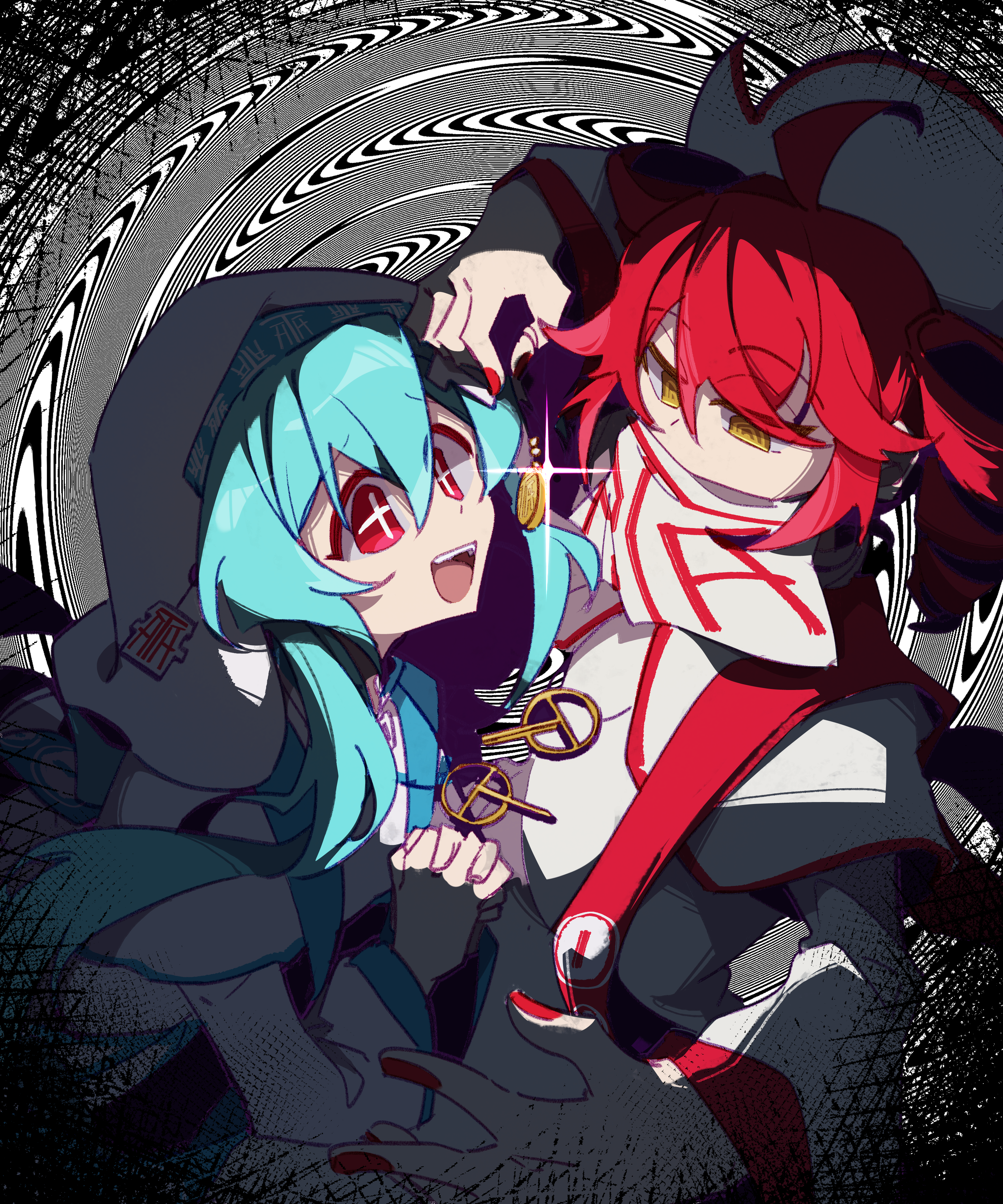 jiu (jiu076), hatsune miku, kasane teto, synthesizer v, utau, vocaloid, absurdres, highres, + +, 2girls, ahoge, aqua hair, capelet, coin, coin on string, distortion, dress, drill hair, glint, hat, jewelry, long hair, long sleeves, mouth veil, multiple girls, open mouth, own hands clasped, own hands together, pendant, red eyes, red nails, short hair, smile, t-shi no hanashi wo shinjiru na (vocaloid), twin drills, upper body, veil, white dress, yellow eyes