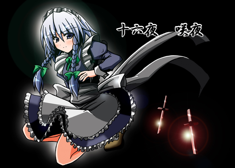 kotorimax, izayoi sakuya, touhou, 1girl, blue hair, braid, dress, female focus, full body, gradient background, hair ribbon, knife, maid, ribbon, short hair, solo, throwing knife, twin braids, twintails, weapon