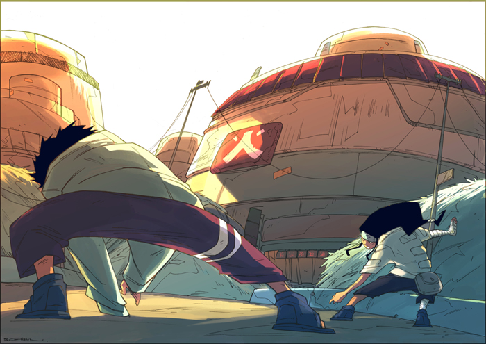 grelin nara, tritz, aburame shino, hyuuga neji, naruto (classic), naruto (series), 2boys, battle, capri pants, fighting stance, long hair, low-tied long hair, male focus, multiple boys, outdoors, pants
