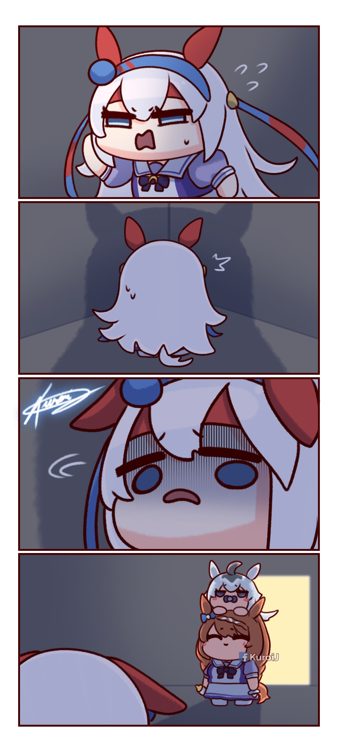 kuroij, oguri cap (umamusume), super creek (umamusume), tamamo cross (umamusume), umamusume, absurdres, highres, 3girls, ahoge, animal ears, baby bottle, blue eyes, blue hairband, blush, bottle, bow, braid, breasts, brown hair, closed eyes, closed mouth, ear bow, ear covers, ear ornament, frown, grey hair, grey tail, hair between eyes, hair ornament, hairband, headband, holding, holding bottle, horse ears, horse girl, horse tail, long hair, multicolored hair, multiple girls, nervous tama-chan pose, open mouth, pacifier, puffy short sleeves, puffy sleeves, purple bow, purple serafuku, purple shirt, purple skirt, red headband, sailor collar, sailor shirt, school uniform, serafuku, shadow, shirt, short sleeves, sitting, sitting on head, sitting on person, skirt, smile, streaked hair, striped clothes, striped hairband, tail, thighhighs, tracen school uniform, very long hair, white hair, white sailor collar, white skirt, white thighhighs