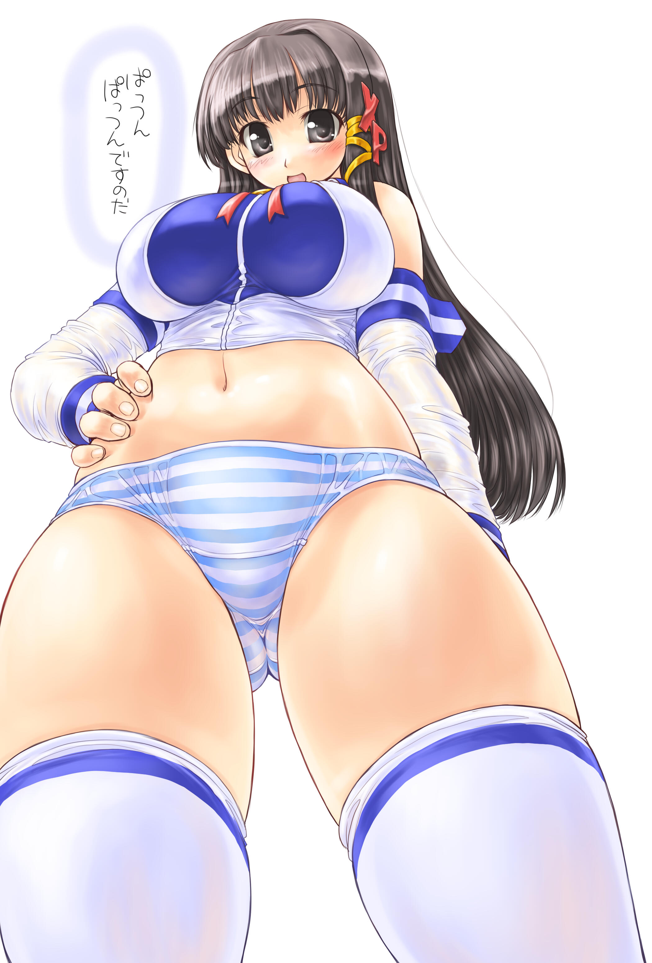 dd (ijigendd), xp-tan, os-tan, absurdres, highres, translation request, 1girl, black eyes, black hair, blush, breasts, female focus, from below, hand on own hip, hip focus, huge breasts, looking down, navel, panties, solo, striped clothes, striped panties, thighhighs, underwear, white thighhighs