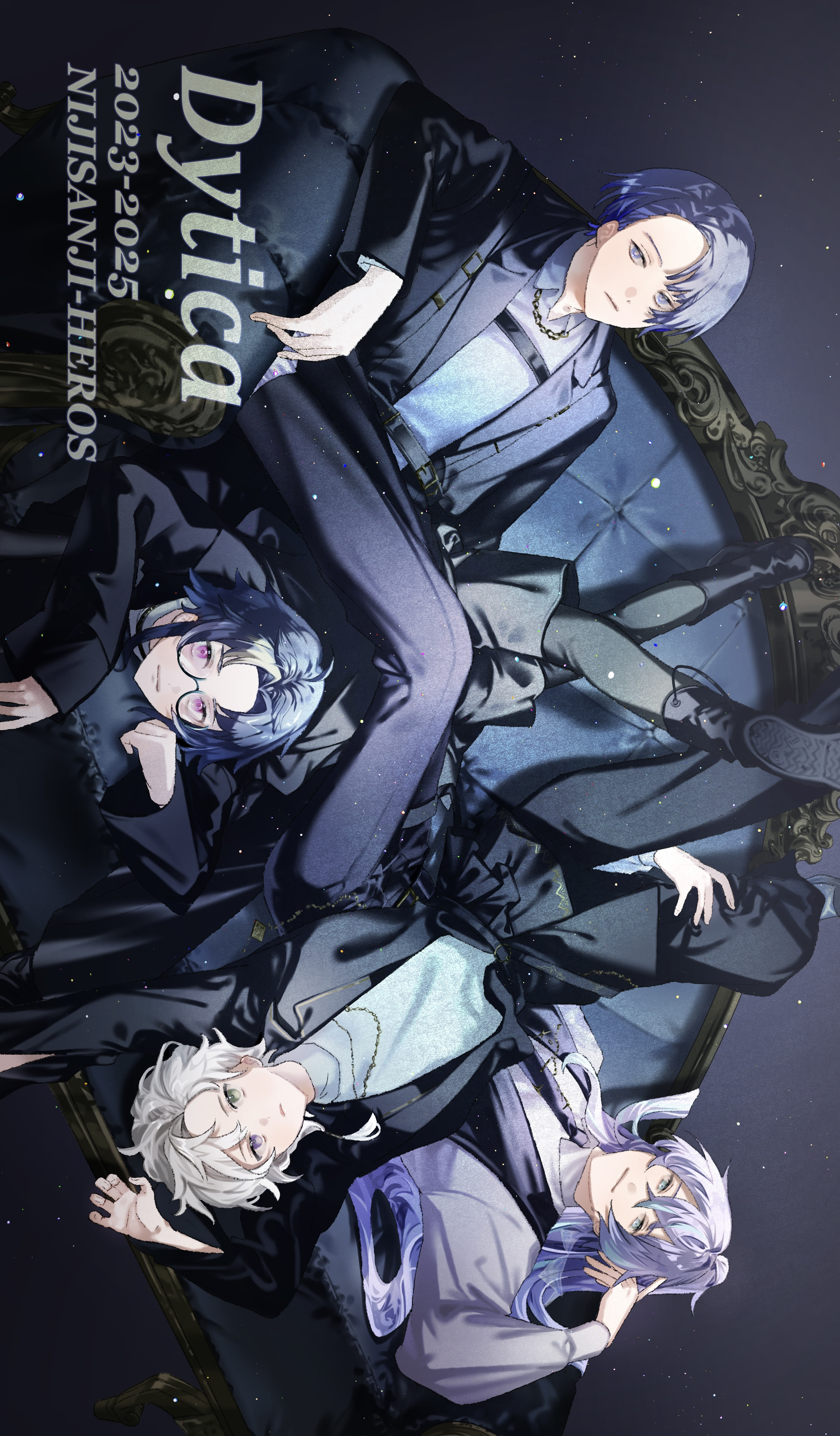 maruko inari, hoshirube sho, inami rai, koyanagi rou, murakumo kagetsu, nijisanji, absurdres, highres, 2023, 2025, 4boys, alternate costume, black hair, black necktie, black pants, black vest, blue eyes, closed mouth, collared shirt, copyright name, couch, dytica (nijisanji), english text, expressionless, formal clothes, glasses, green eyes, grey hair, heterochromia, jacket, lapels, long hair, looking at viewer, lying, male focus, multicolored hair, multiple boys, necktie, on back, on couch, on stomach, open clothes, open jacket, pants, purple eyes, purple hair, reclining, shirt, short hair, sideways, smile, streaked hair, suit, suit jacket, upside-down, vest, virtual youtuber, white hair, white shirt