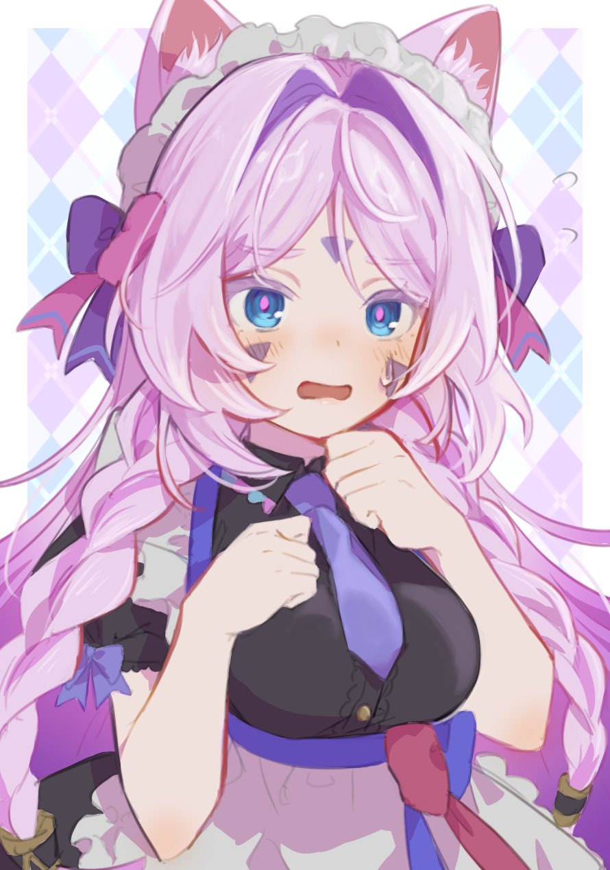 montarou963, citlali (genshin impact), genshin impact, highres, 1girl, animal ears, blue eyes, blush, braid, breasts, cat ears, long hair, looking at viewer, maid, maid headdress, medium breasts, necktie, open mouth, solo, twin braids