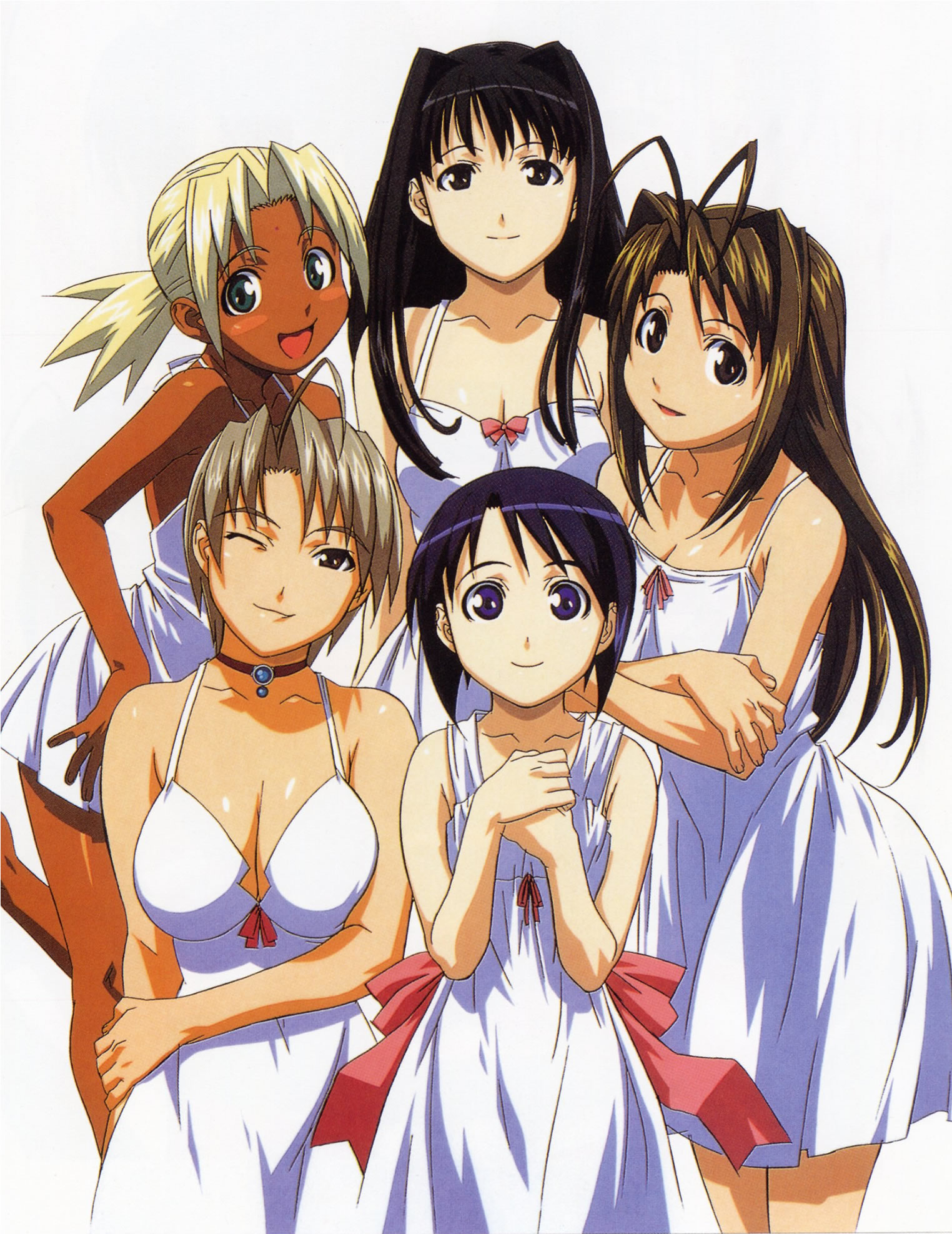 aoyama motoko, kaolla su, konno mitsune, maehara shinobu, narusegawa naru, love hina, highres, official art, 5girls, bindi, blush stickers, bob cut, breasts, cleavage, hair intakes, lingerie, multiple girls, one eye closed, underwear, wink