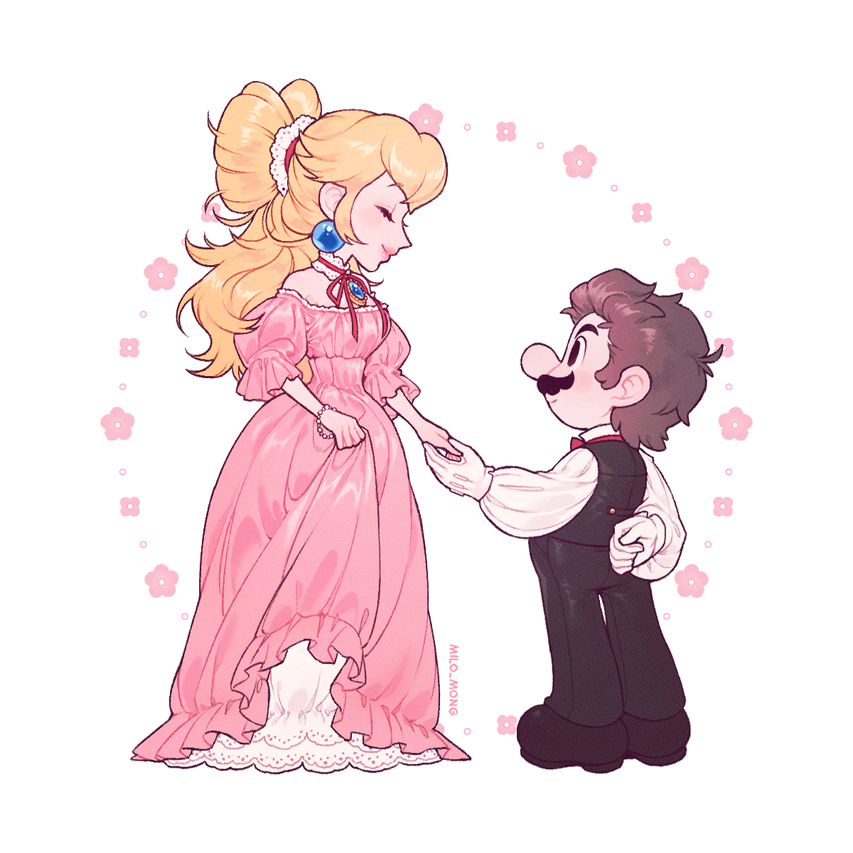 mong (mong milo), mario, princess peach, mario (series), nintendo, commentary, hashtag-only commentary, highres, 1boy, 1girl, alternate costume, alternate hairstyle, artist name, bare shoulders, black eyes, black pants, black shoes, blonde hair, breasts, brown hair, closed eyes, closed mouth, clothes lift, dress, dress lift, earrings, facial hair, formal clothes, from side, full body, gloves, height difference, holding hands, jewelry, long dress, long hair, looking at another, mustache, pants, pendant, pink dress, pink lips, puffy sleeves, shoes, short hair, simple background, small breasts, smile, sphere earrings, standing, tuxedo, white background, white gloves