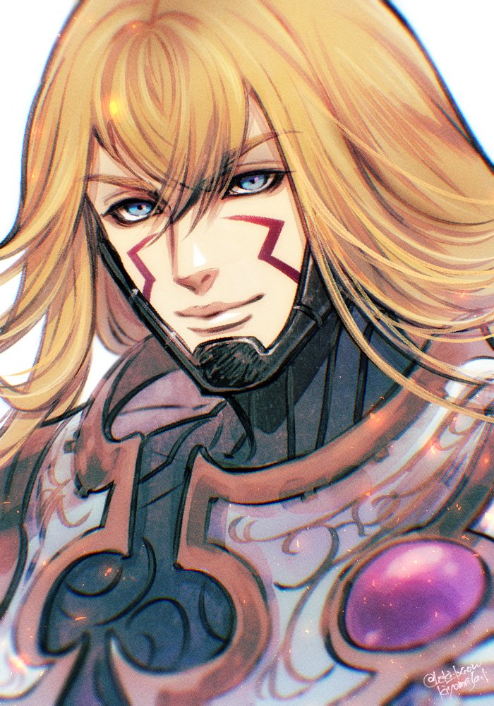 leki ixion, kam'lanaut, final fantasy, final fantasy xi, 1boy, armor, blonde hair, blue eyes, facial mark, hair between eyes, long hair, looking at viewer, male focus, portrait, simple background, smile, solo, twitter username, white background