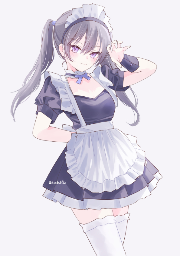 hondahiro, original, 1girl, apron, black dress, black hair, black wrist cuffs, blue bow, blush, bow, breasts, choker, closed mouth, dress, frilled choker, frills, long hair, looking at viewer, maid, maid apron, maid headdress, puffy short sleeves, puffy sleeves, purple eyes, short sleeves, simple background, small breasts, smile, solo, thighhighs, twintails, white apron, white headdress, white thighhighs, wrist cuffs