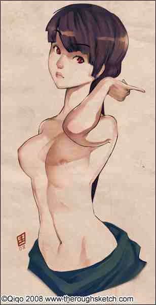 qiqo, jpeg artifacts, traditional media, 1girl, breasts, female focus, midriff, nipples, sketch, solo