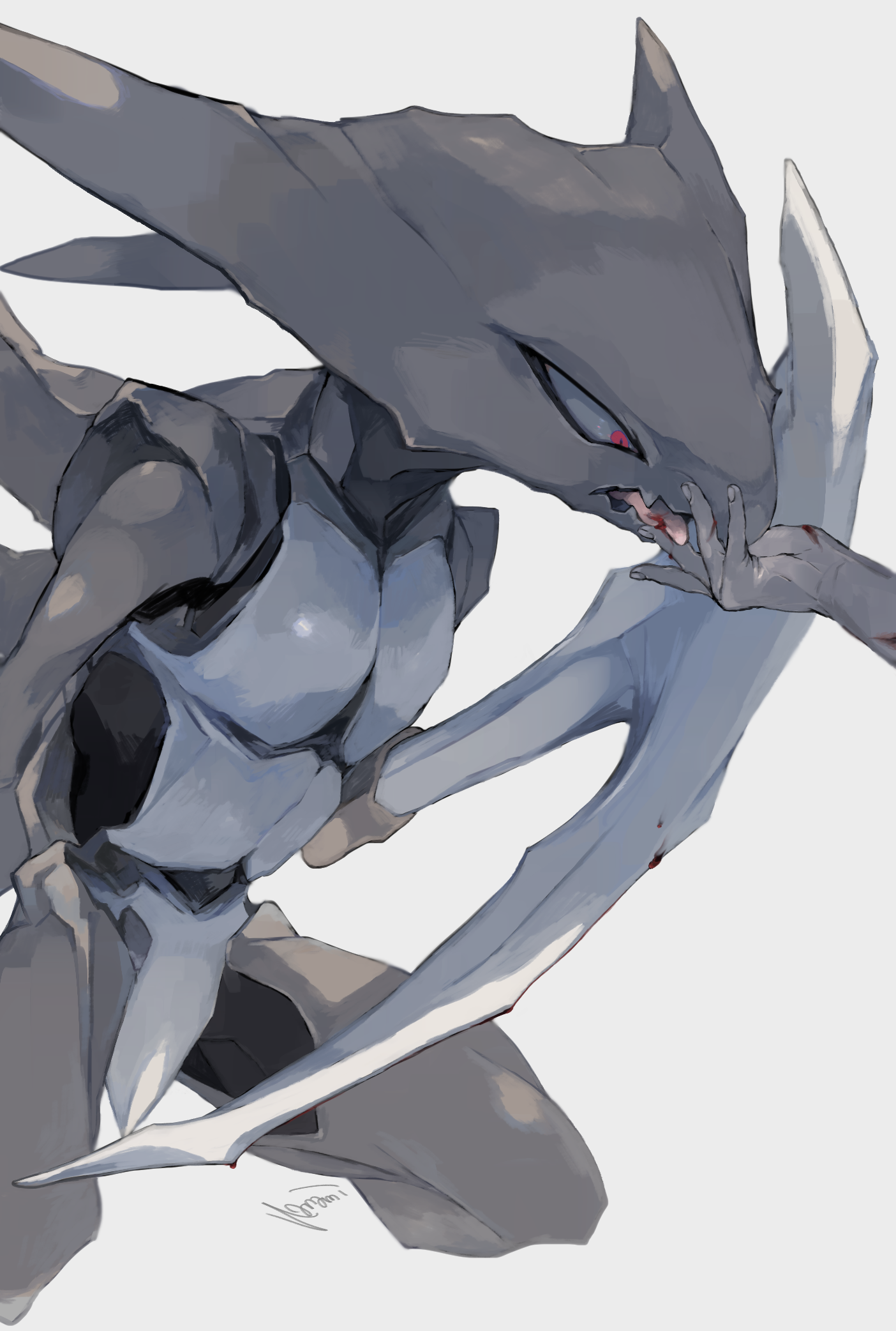 kanami (bprod), kabutops, nintendo, pokemon, highres, 1other, arm blade, arm out of frame, armor, arthropod limbs, blood, blood in mouth, blood on hands, breastplate, facing another, facing to the side, gen 1 pokemon, injury, kneeling, licking another's finger, licking another's hand, licking blood, looking at another, looking at hand, on ground, open hand, open mouth, pokemon (creature), red eyes, tongue, tongue out, weapon, white background