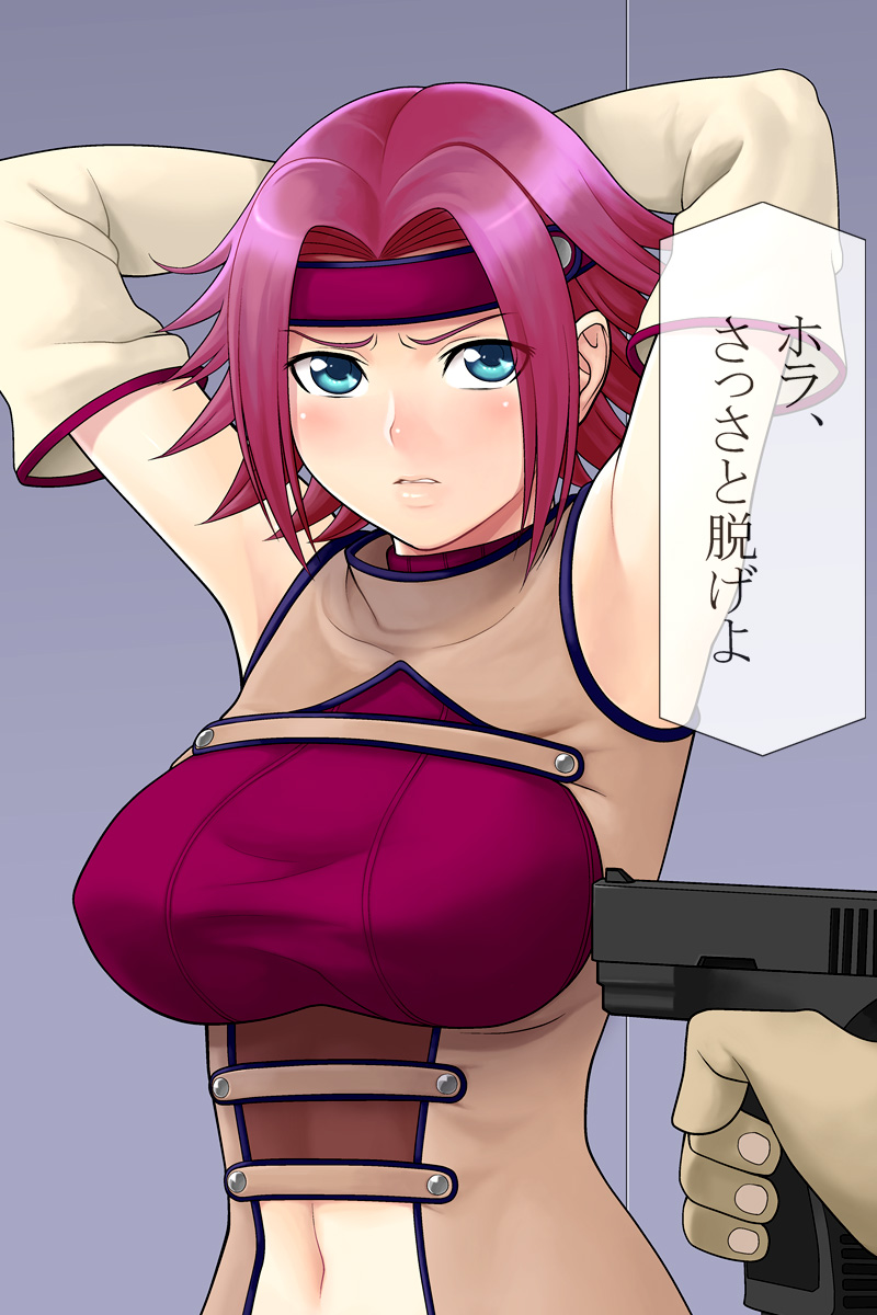 yuzuriha (active homing), kouzuki kallen, code geass, highres, translated, 00s, 1girl, angry, armpits, arms up, blue eyes, breasts, detached sleeves, female focus, gun, handgun, headband, midriff, navel, pistol, red hair, shirt, short hair, sleeveless, sleeveless turtleneck, solo, solo focus, taut clothes, taut shirt, turtleneck, weapon