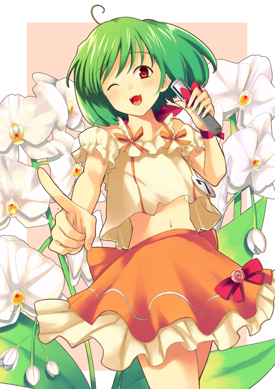 kitagawa unagi, ranka lee, macross, macross frontier, 00s, 1girl, :d, ;d, ahoge, cowboy shot, female focus, floral background, flower, green hair, looking at viewer, microphone, midriff, one eye closed, open mouth, orange skirt, outside border, pointing, pointing at viewer, red eyes, skirt, smile, solo