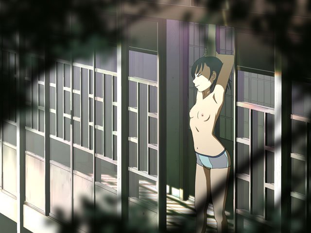 rokusho, original, bad id, md5 mismatch, 1girl, arched back, armpits, breasts, female focus, flat chest, nipples, panties, short hair, skinny, small breasts, solo, stretching, topless female, underwear, voyeur pov, voyeurism