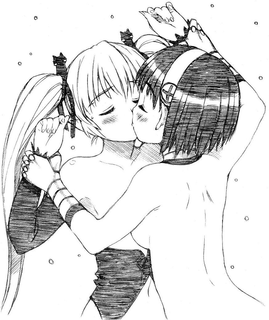yug (ekaki), aiko (magipoka), pachira, renkin san-kyuu magical pokaan, traditional media, 2girls, back, bare back, bare shoulders, blush, closed eyes, greyscale, kiss, monochrome, multiple girls, nude, topless female, yuri