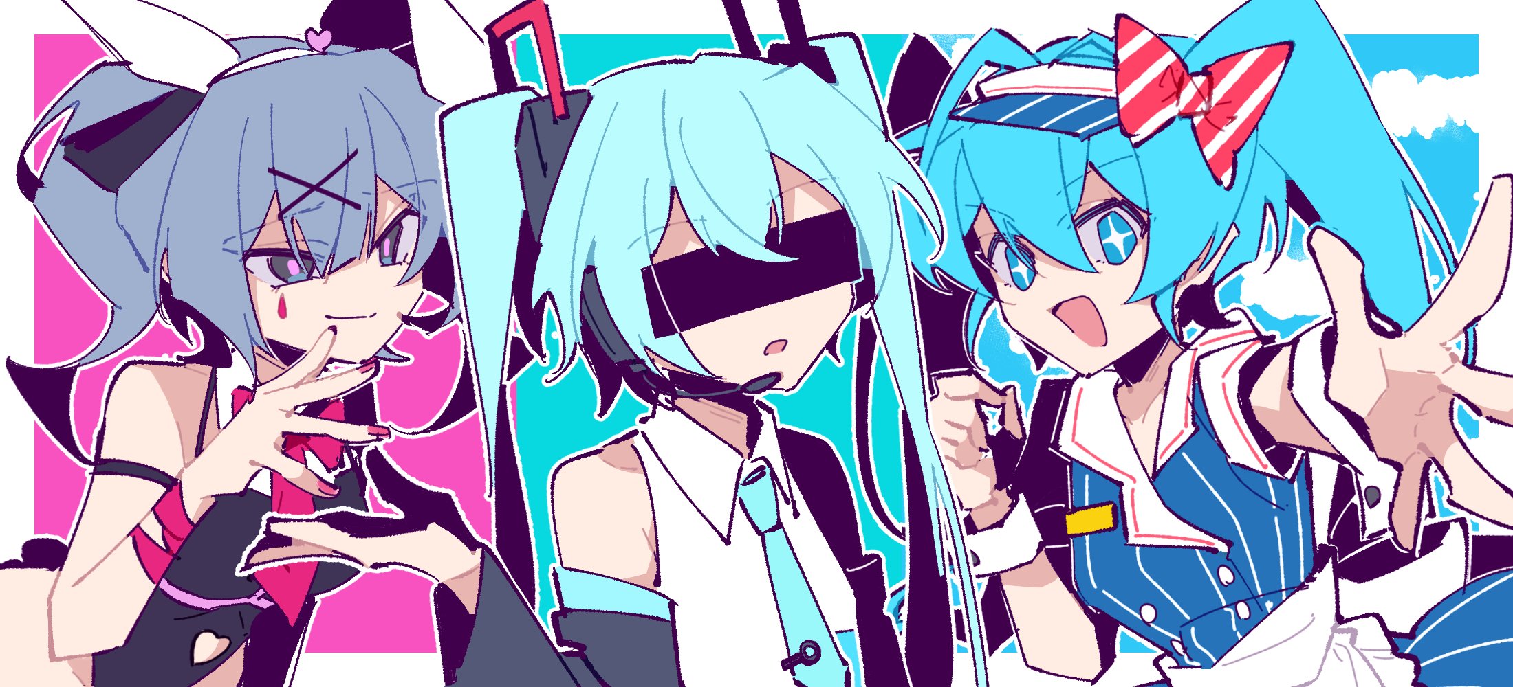 jiu (jiu076), hatsune miku, mesmerizer (vocaloid), rabbit hole (vocaloid), tokumei m (vocaloid), vocaloid, highres, + +, 3girls, aqua hair, armband, bare shoulders, black leotard, blue dress, blue eyes, blue hair, censored, censored identity, closed mouth, cloud, collared shirt, detached sleeves, dress, hair ornament, hairband, headset, leotard, long hair, multiple girls, multiple persona, necktie, open mouth, pink nails, reaching, reaching towards viewer, shirt, sleeveless, sleeveless shirt, smile, twintails, upper body, visor cap, wrist cuffs, x hair ornament