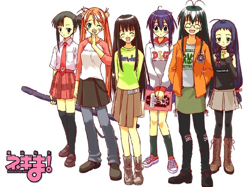 ayase yue, kagurazaka asuna, konoe konoka, miyazaki nodoka, sakurazaki setsuna, saotome haruna, mahou sensei negima!, derivative work, vector trace, 00s, 6+girls, black hair, blue hair, book, boots, casual, denim, detached sleeves, diarium ejus, hood, hoodie, jeans, loafers, long hair, multiple girls, necktie, pants, pantyhose, plaid clothes, plaid skirt, raglan sleeves, red hair, school uniform, serafuku, shoes, side ponytail, skirt, sneakers, socks, sword, thighhighs, twintails, very long hair, weapon