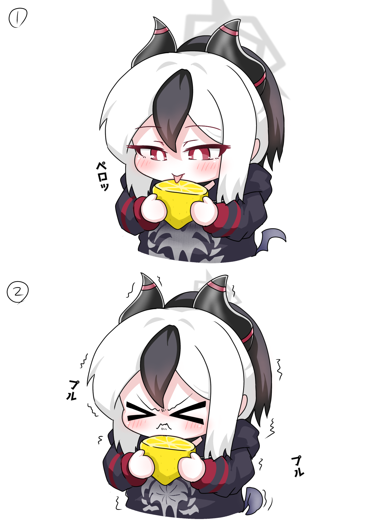 tomimon, kayoko (blue archive), blue archive, commentary request, highres, translation request, > <, 1girl, black hair, black hoodie, blush, chibi, closed eyes, closed mouth, food, fruit, grey wings, hair between eyes, half-closed eyes, halo, holding, holding food, hood, hood down, hoodie, horns, lemon, licking, long sleeves, low wings, multicolored hair, puffy long sleeves, puffy sleeves, red eyes, simple background, single wing, tongue, tongue out, trembling, two-tone hair, v-shaped eyebrows, white background, white hair, wings