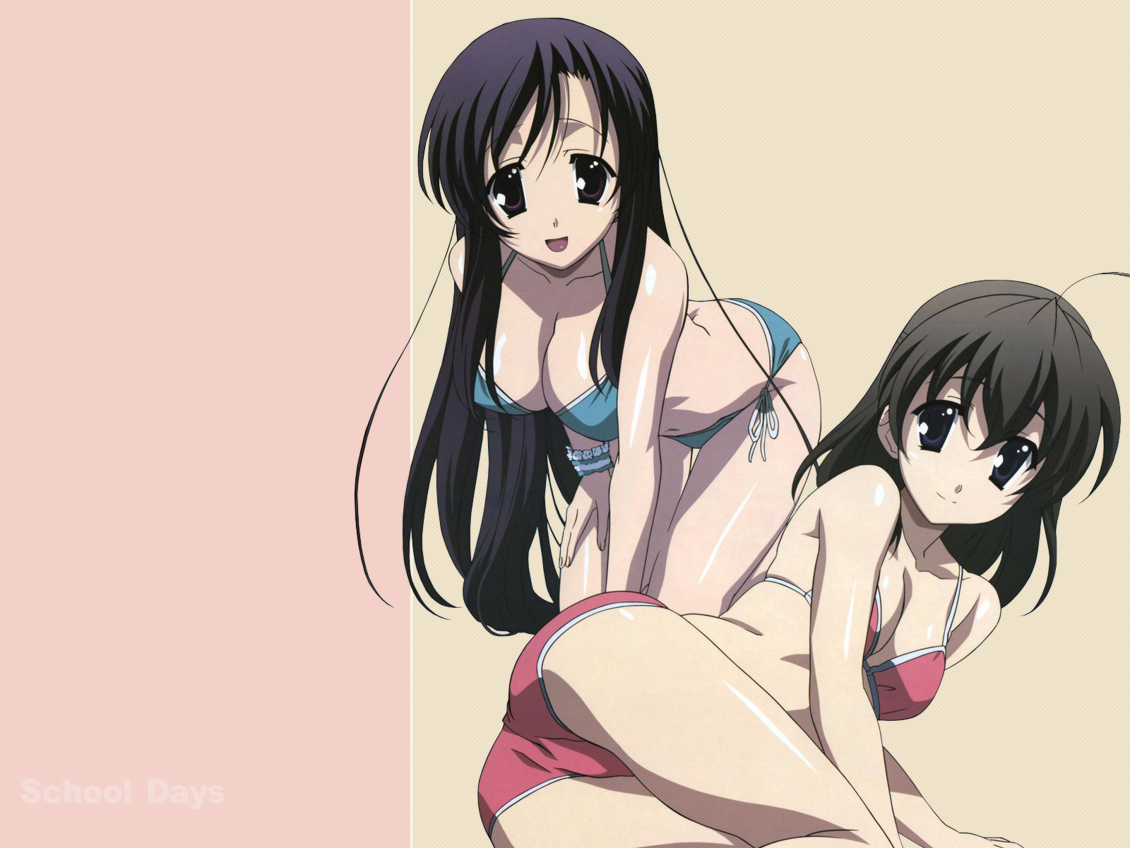 gotou junji, katsura kotonoha, saionji sekai, school days, highres, official art, official wallpaper, 00s, 2girls, ahoge, ass, bent over, bikini, black hair, blue eyes, breasts, cleavage, kneeling, large breasts, legs, lying, multiple girls, navel, on side, purple eyes, short hair, side-tie bikini bottom, smile, swimsuit, thigh gap, wristband