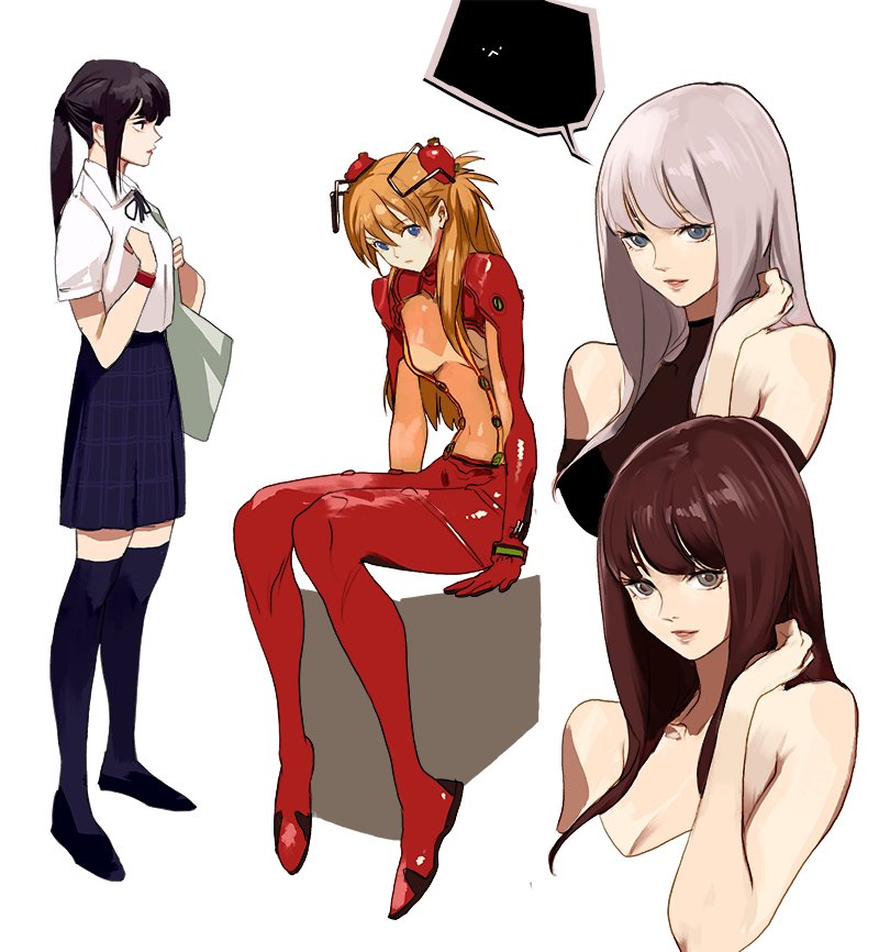 takssmask, souryuu asuka langley, neon genesis evangelion, rebuild of evangelion, 4girls, blue eyes, bodysuit, breasts, brown hair, closed mouth, interface headset (evangelion), long hair, looking at viewer, mecha pilot suit, medium breasts, multiple girls, orange hair, plugsuit (evangelion), red bodysuit, school uniform, simple background, skirt, smile, thighhighs, white background